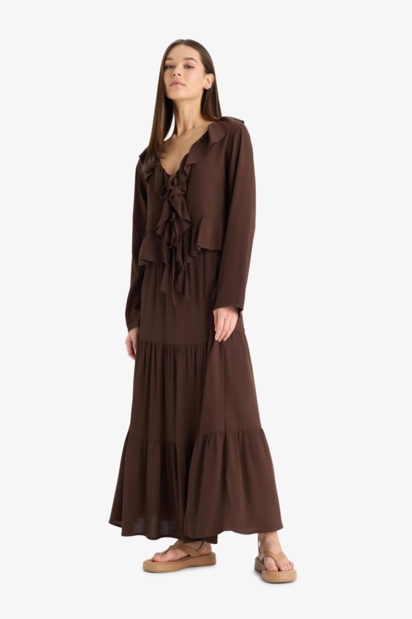 FEMME Marron Jupe longue évasée à taille haute avec doublure en coton