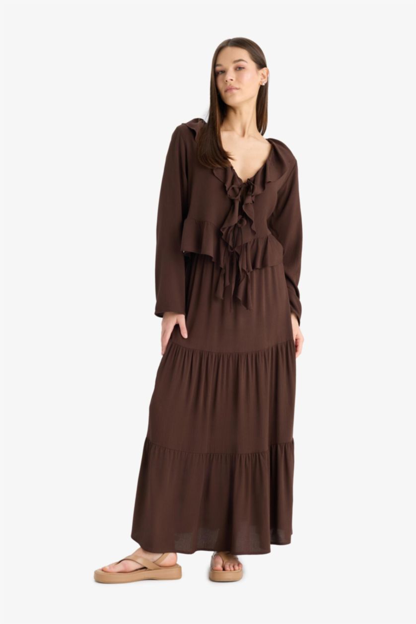 FEMME Marron Jupe longue évasée à taille haute avec doublure en coton