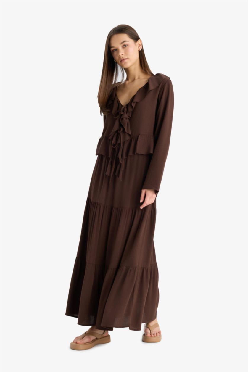 FEMME Marron Jupe longue évasée à taille haute avec doublure en coton