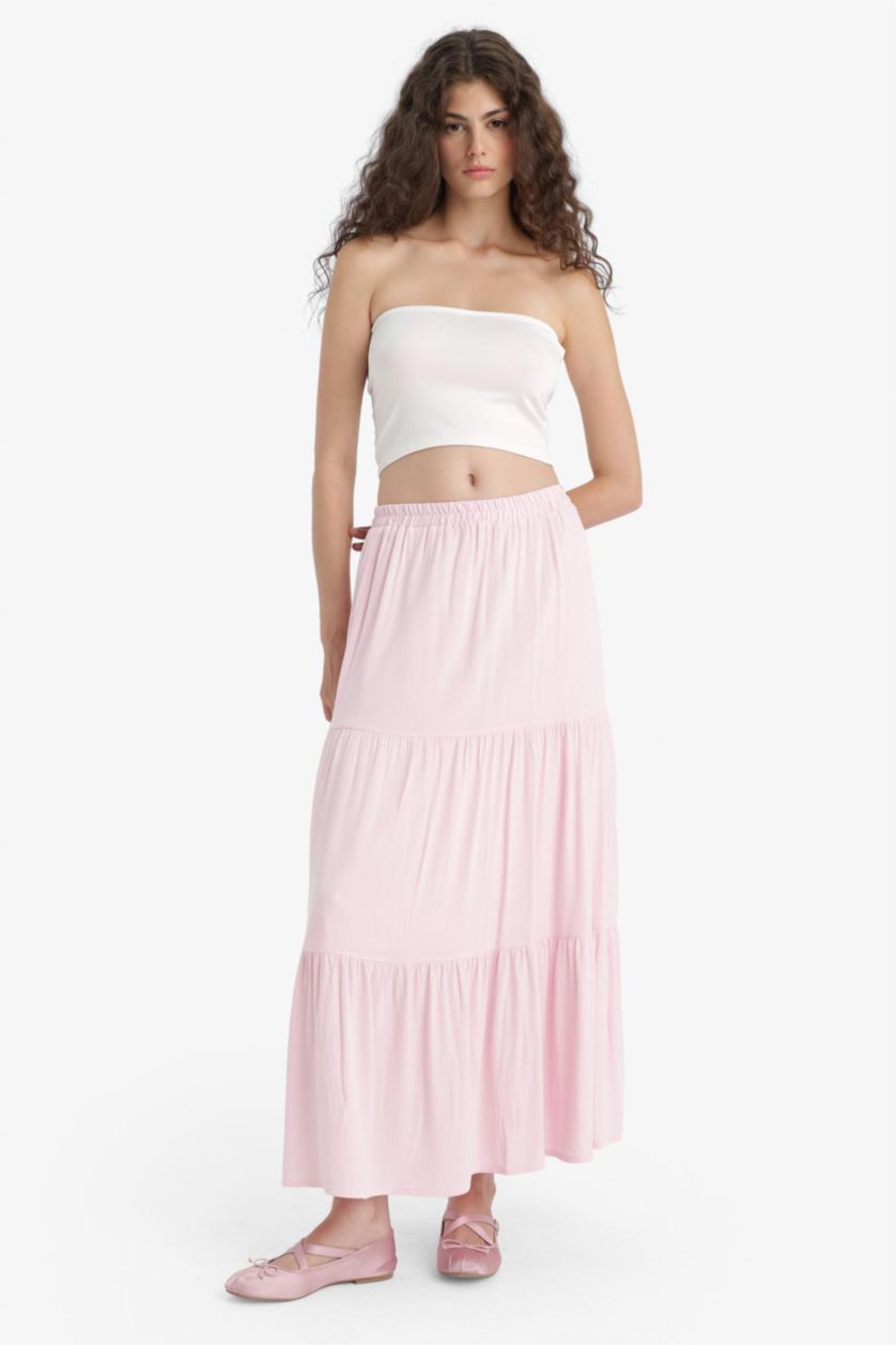 نساء زهري فاتح تنورة طويل فيسكوز مجعد بخصر عالي مبطن بالقطن