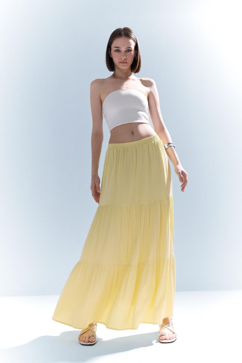 Kadın Açık Sarı Yüksek Bel Pamuk Astarlı Krinkıl Viskon Maxi Etek