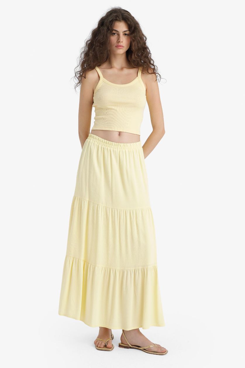 Kadın Açık Sarı Yüksek Bel Pamuk Astarlı Krinkıl Viskon Maxi Etek