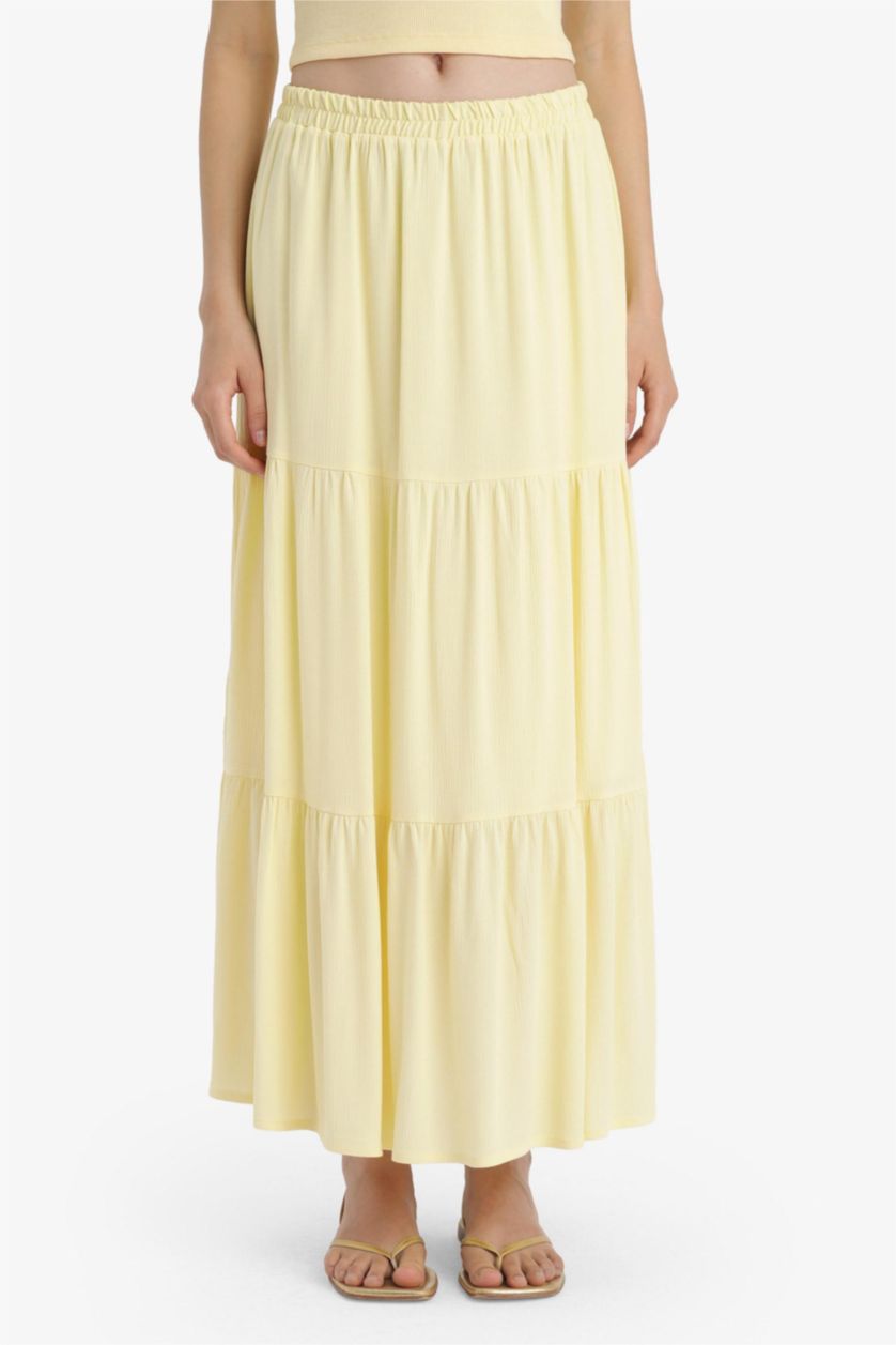 Kadın Açık Sarı Yüksek Bel Pamuk Astarlı Krinkıl Viskon Maxi Etek