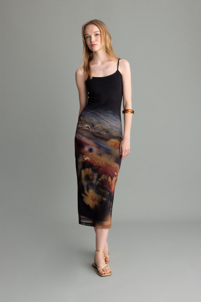 Kadın Sarı Bodycon Vücudu Saran Askılı Desenli Tül Askılı Maxi Elbise