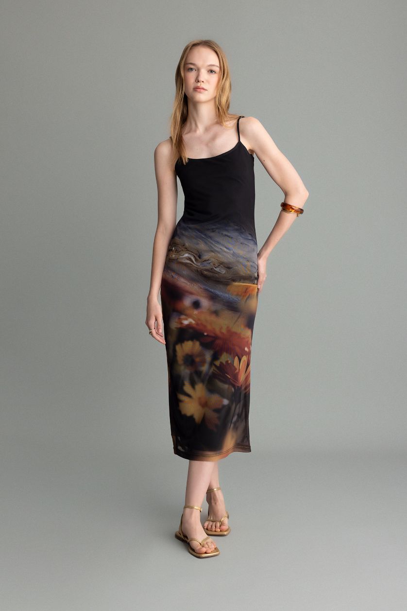 Kadın Sarı Bodycon Vücudu Saran Askılı Desenli Tül Askılı Maxi Elbise