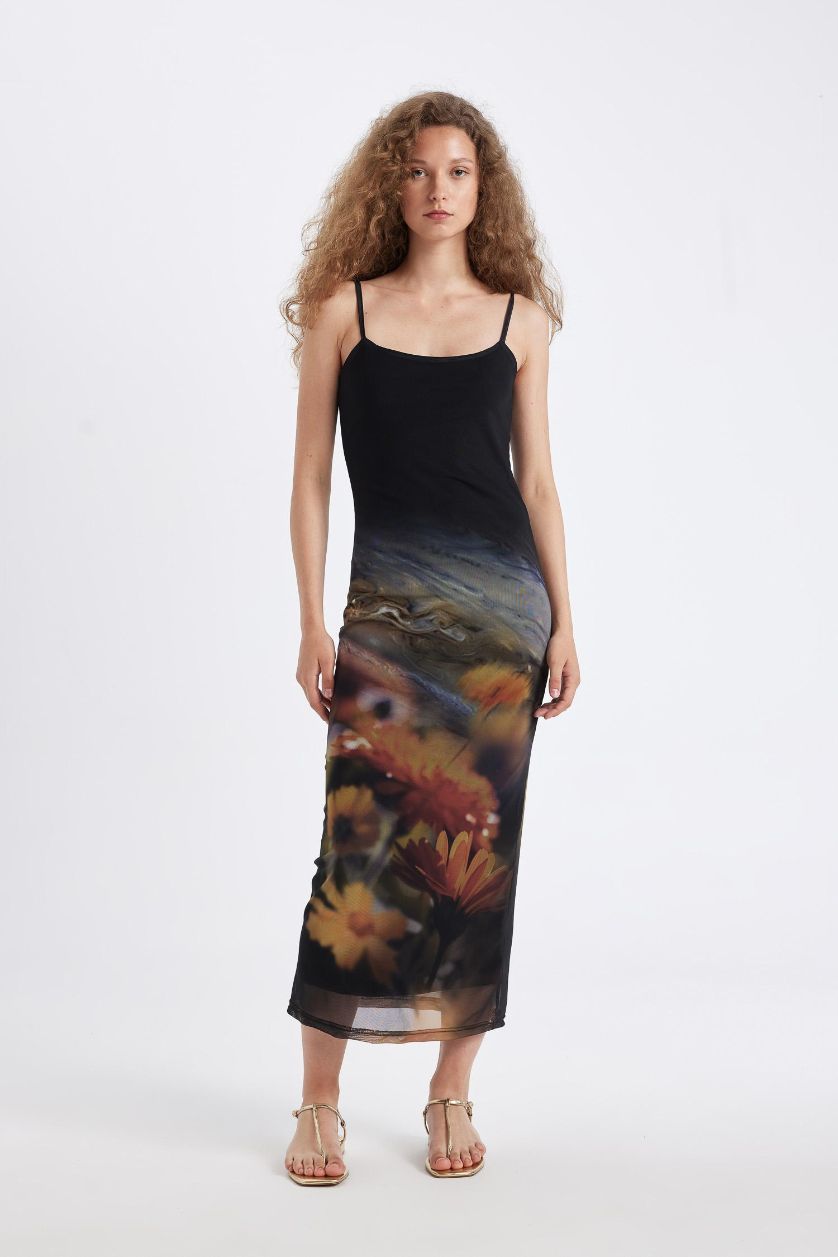 Kadın Sarı Bodycon Vücudu Saran Askılı Desenli Tül Askılı Maxi Elbise