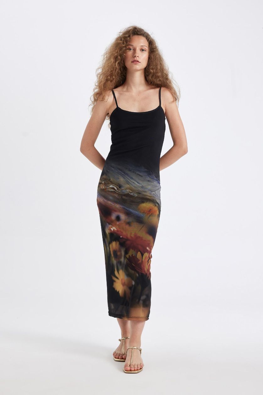 Kadın Sarı Bodycon Vücudu Saran Askılı Desenli Tül Askılı Maxi Elbise