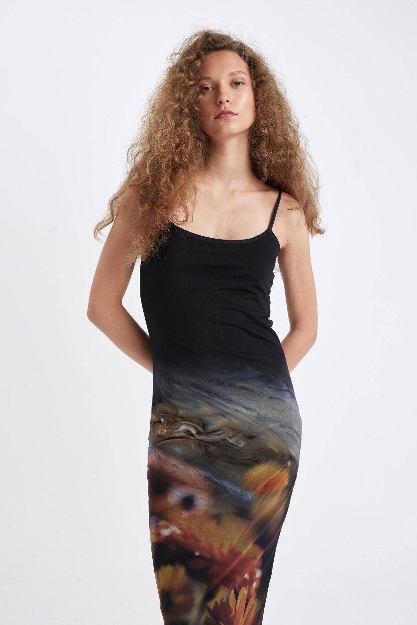 Kadın Sarı Bodycon Vücudu Saran Askılı Desenli Tül Askılı Maxi Elbise