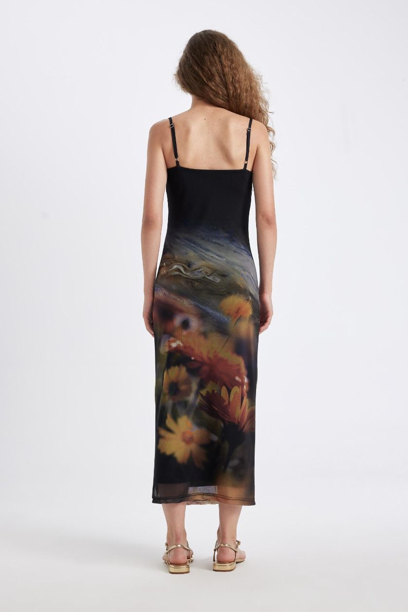 Kadın Sarı Bodycon Vücudu Saran Askılı Desenli Tül Askılı Maxi Elbise