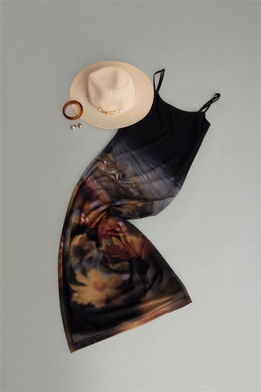 Kadın Sarı Bodycon Vücudu Saran Askılı Desenli Tül Askılı Maxi Elbise