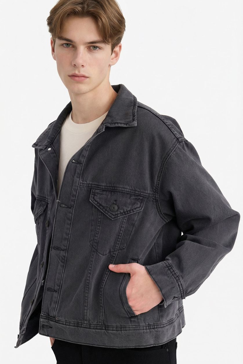 MAN Anthracite Oversize Fit Polo Collar Buttoned Washed Denim Jacket