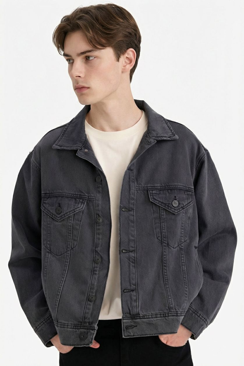 MAN Anthracite Oversize Fit Polo Collar Buttoned Washed Denim Jacket