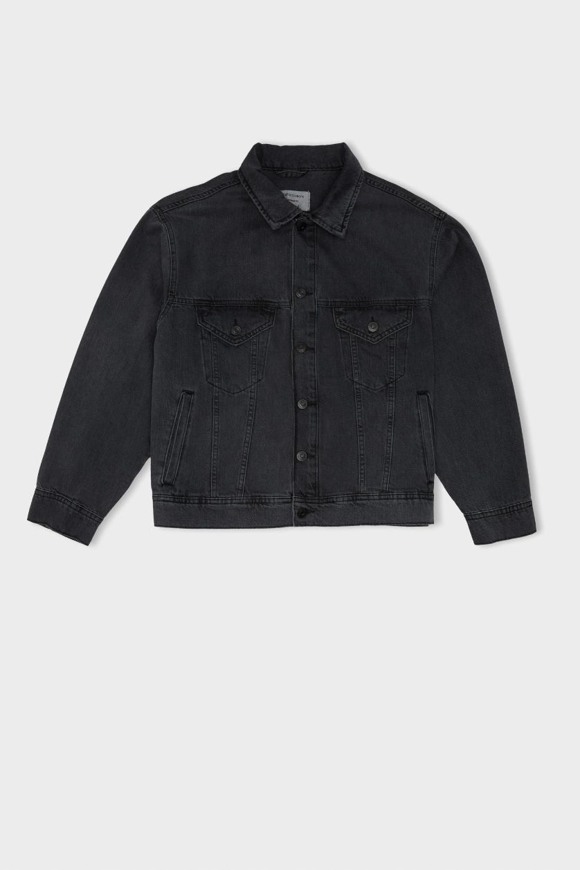 MAN Anthracite Oversize Fit Polo Collar Buttoned Washed Denim Jacket
