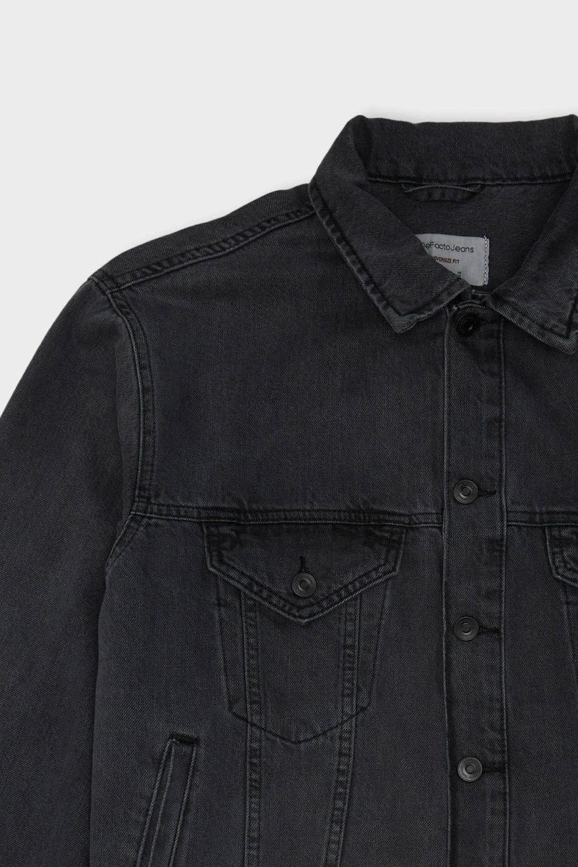 MAN Anthracite Oversize Fit Polo Collar Buttoned Washed Denim Jacket