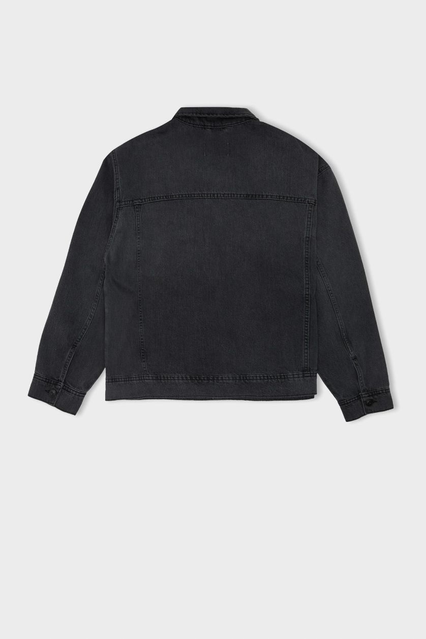 MAN Anthracite Oversize Fit Polo Collar Buttoned Washed Denim Jacket