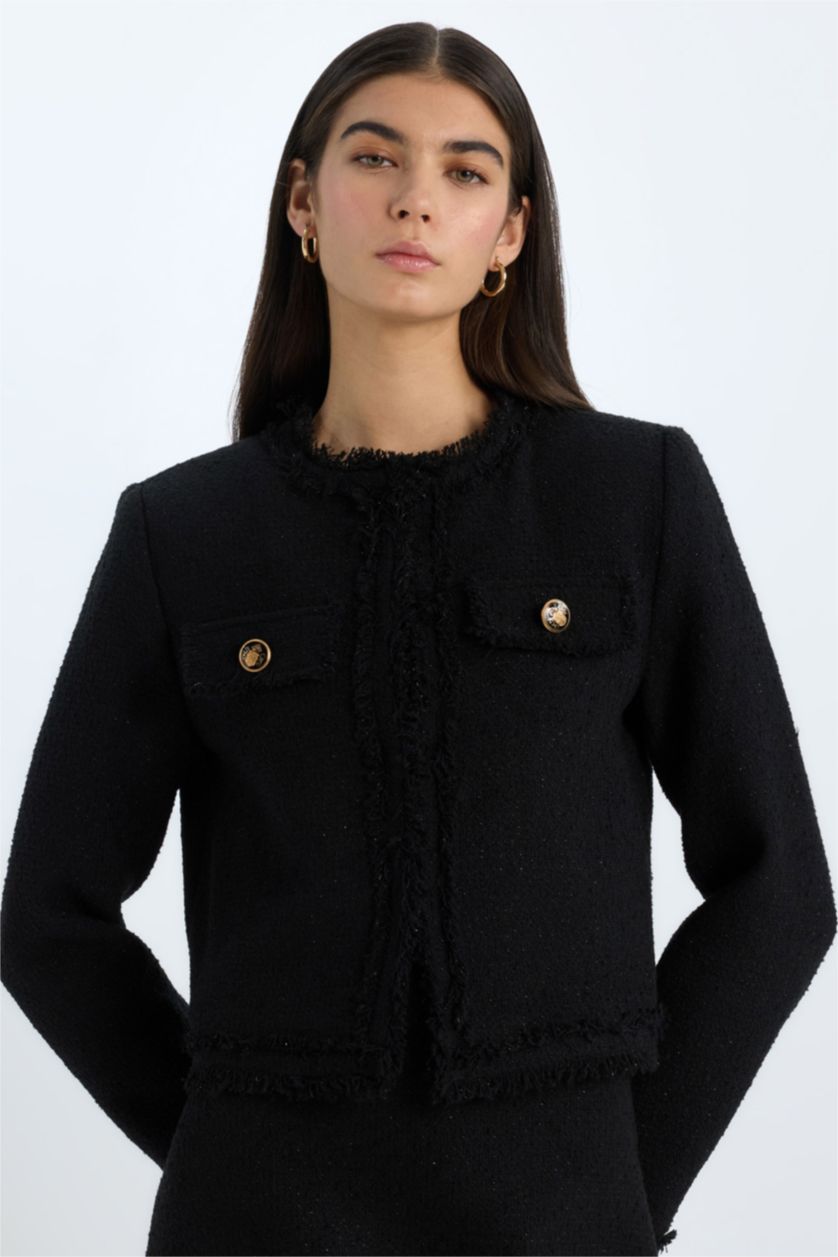 Kadın Siyah Crop Bisiklet Yaka Tweed Blazer Ceket