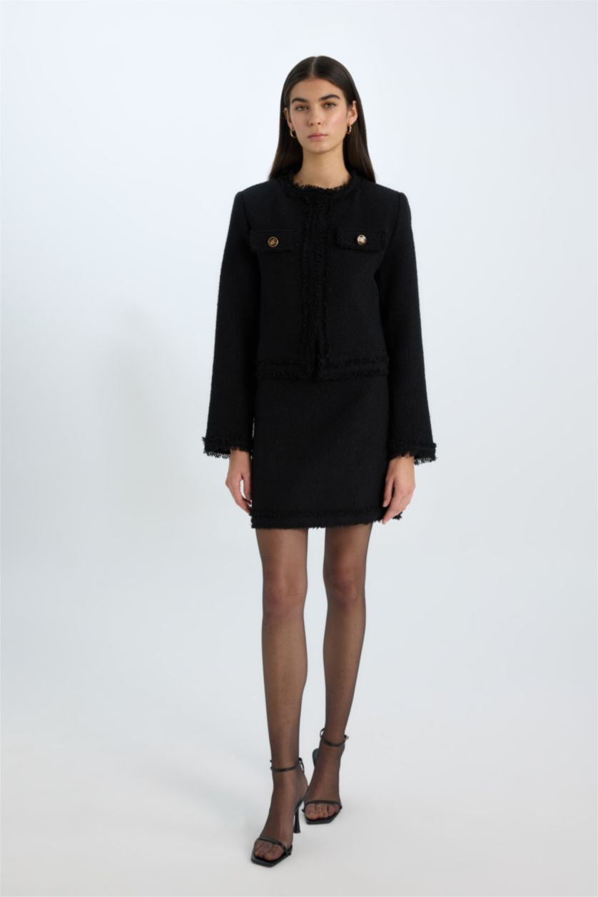 Kadın Siyah Crop Bisiklet Yaka Tweed Blazer Ceket