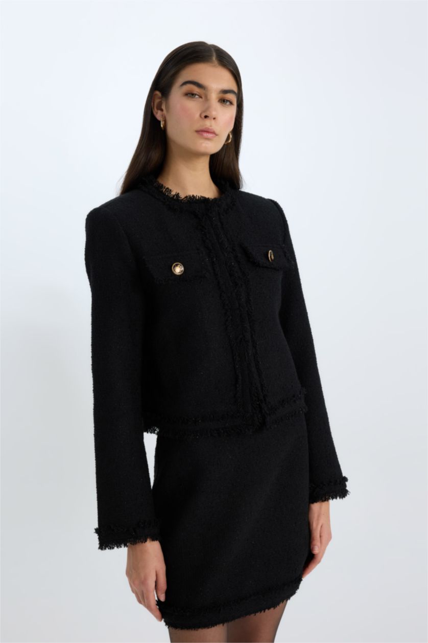 Kadın Siyah Crop Bisiklet Yaka Tweed Blazer Ceket