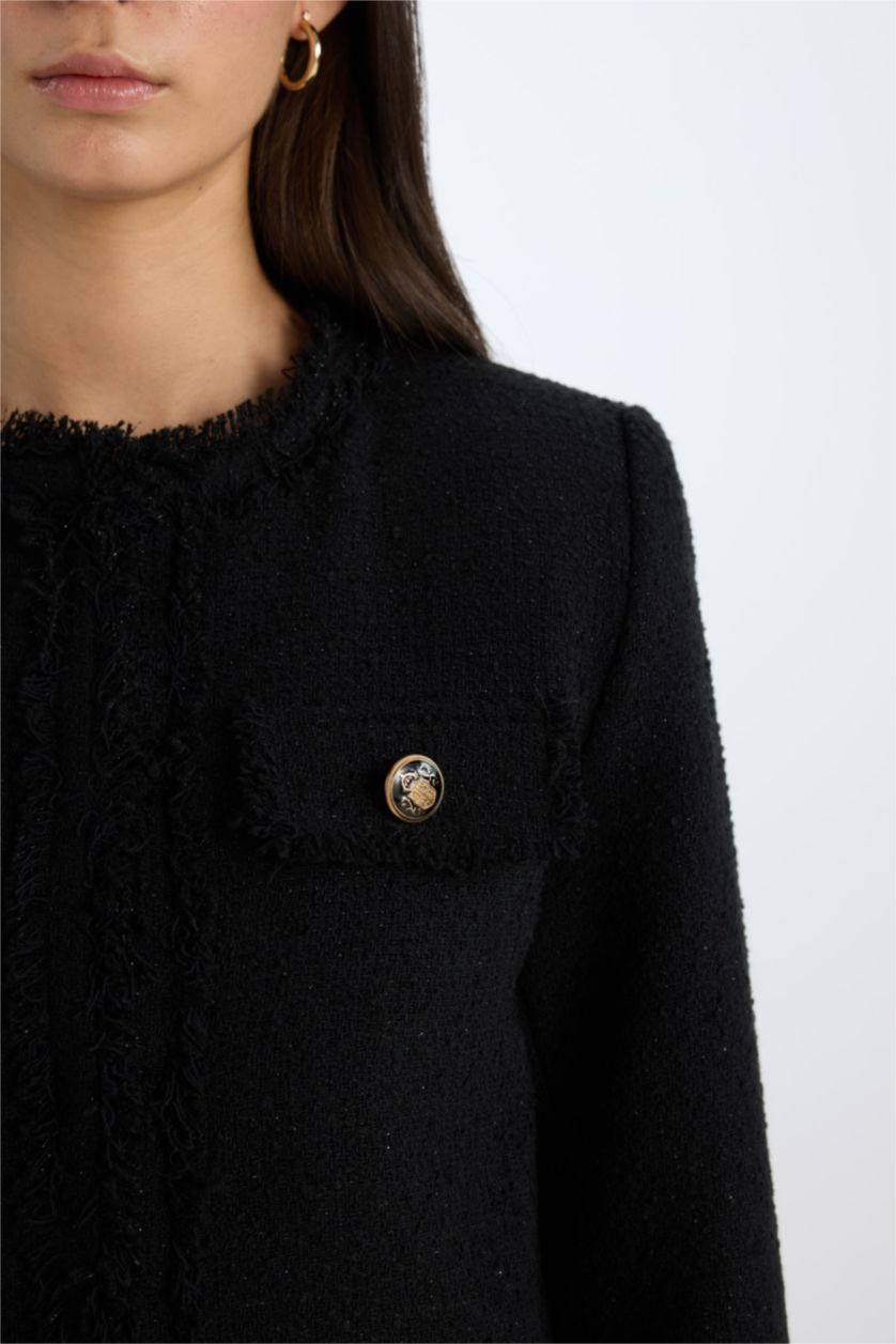 Kadın Siyah Crop Bisiklet Yaka Tweed Blazer Ceket