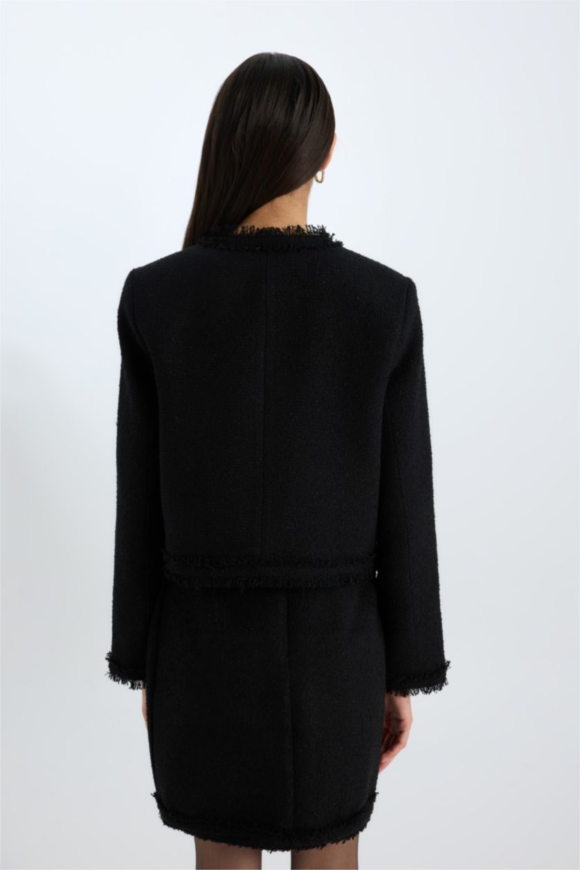 Kadın Siyah Crop Bisiklet Yaka Tweed Blazer Ceket