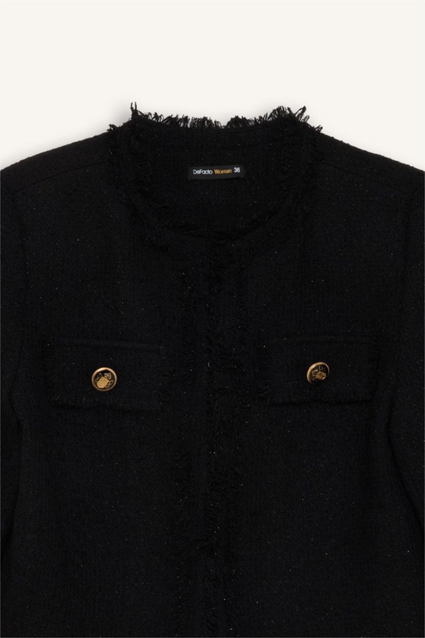 Kadın Siyah Crop Bisiklet Yaka Tweed Blazer Ceket