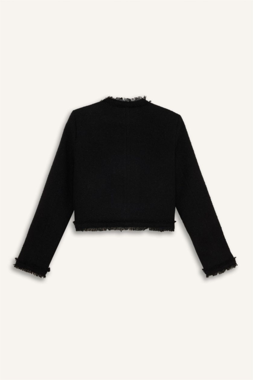 Kadın Siyah Crop Bisiklet Yaka Tweed Blazer Ceket