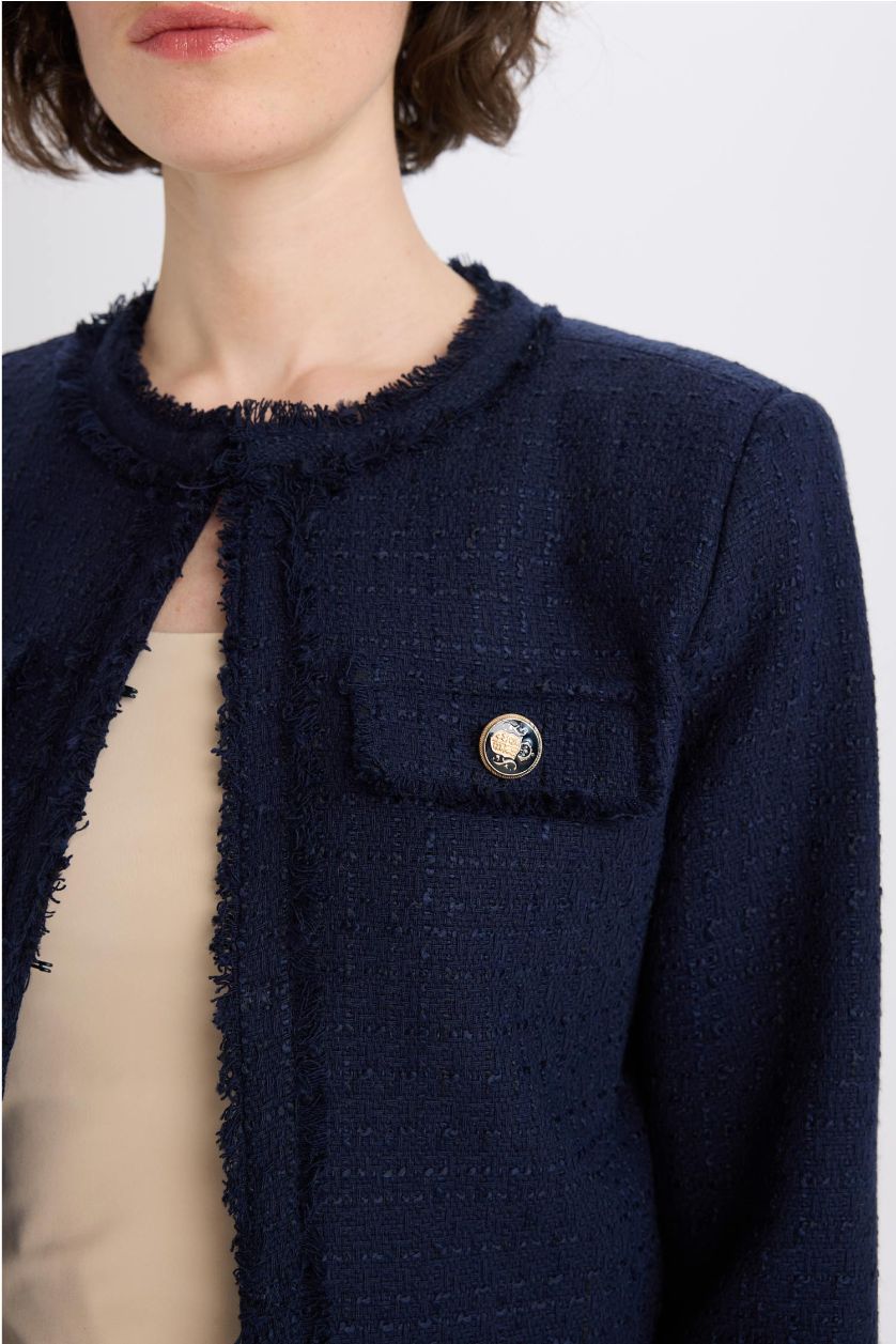 Kadın Lacivert Crop Bisiklet Yaka Tweed Blazer Ceket