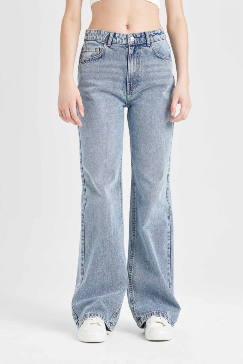 Kadın Mavi Straıght Wıde Yüksek Bel Düz Paça Uzun Jean Yıkamalı Pantolon