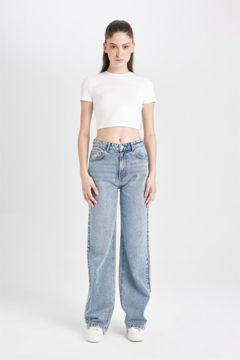 Kadın Mavi Straıght Wıde Yüksek Bel Düz Paça Uzun Jean Yıkamalı Pantolon