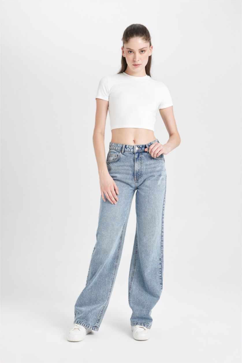 Kadın Mavi Straıght Wıde Yüksek Bel Düz Paça Uzun Jean Yıkamalı Pantolon