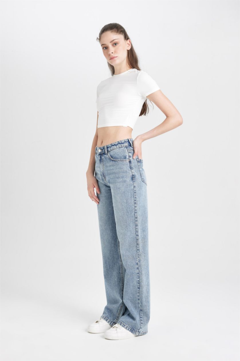 Kadın Mavi Straıght Wıde Yüksek Bel Düz Paça Uzun Jean Yıkamalı Pantolon
