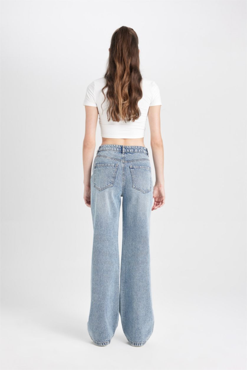Kadın Mavi Straıght Wıde Yüksek Bel Düz Paça Uzun Jean Yıkamalı Pantolon