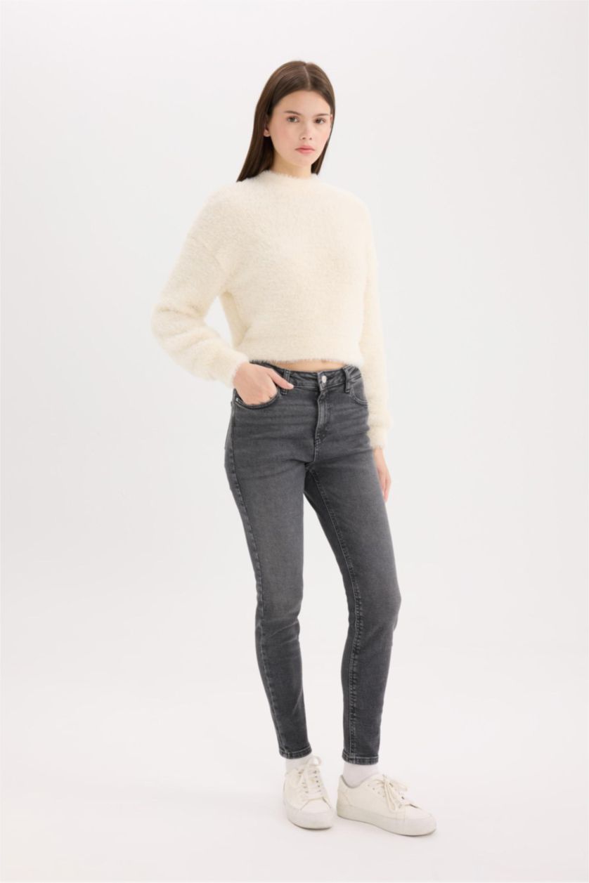 Kadın Antrasit Skinny Fit Yüksek Bel Düz Paça Uzun Jean Görünümlü Yıkamalı Pantolon