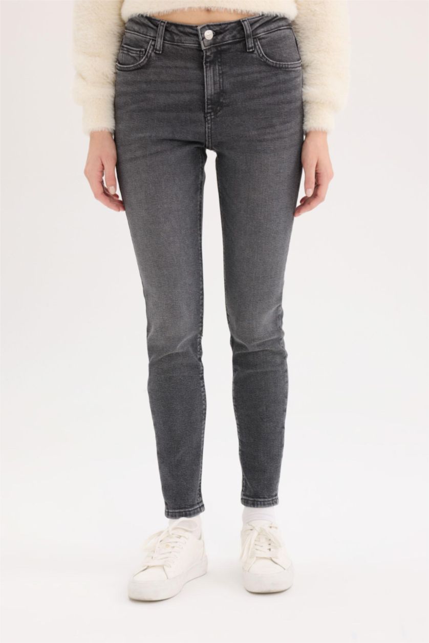Kadın Antrasit Skinny Fit Yüksek Bel Düz Paça Uzun Jean Görünümlü Yıkamalı Pantolon