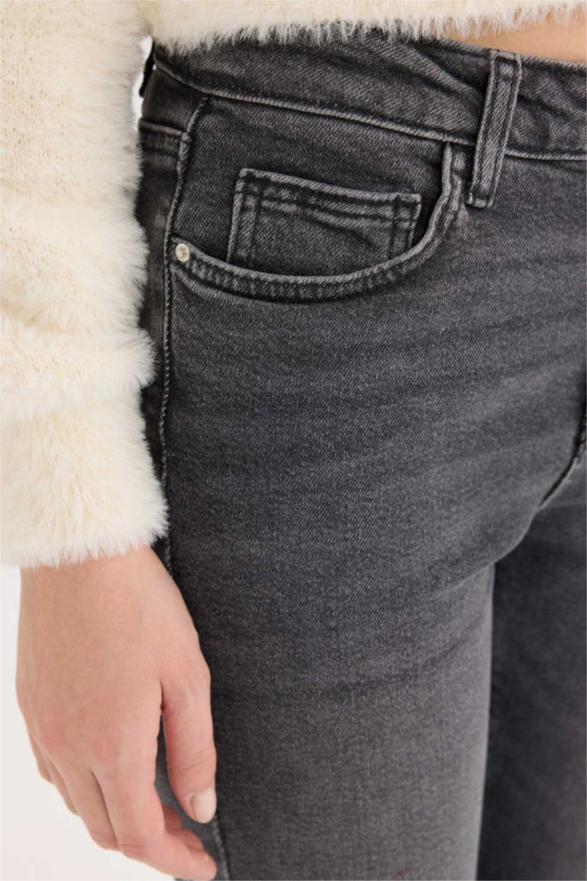 Kadın Antrasit Skinny Fit Yüksek Bel Düz Paça Uzun Jean Görünümlü Yıkamalı Pantolon