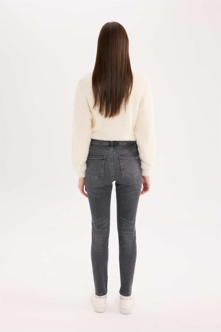 Kadın Antrasit Skinny Fit Yüksek Bel Düz Paça Uzun Jean Görünümlü Yıkamalı Pantolon