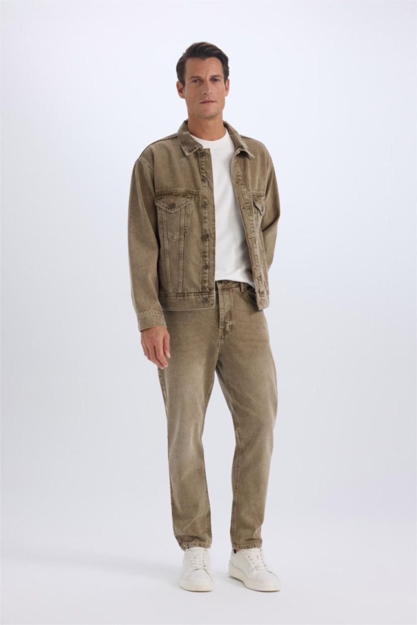 HOMME Marron Veste en Jean Oversize délavé à boutons et poches