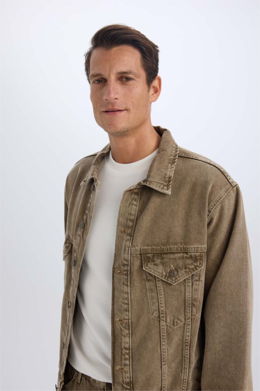 HOMME Marron Veste en Jean Oversize délavé à boutons et poches