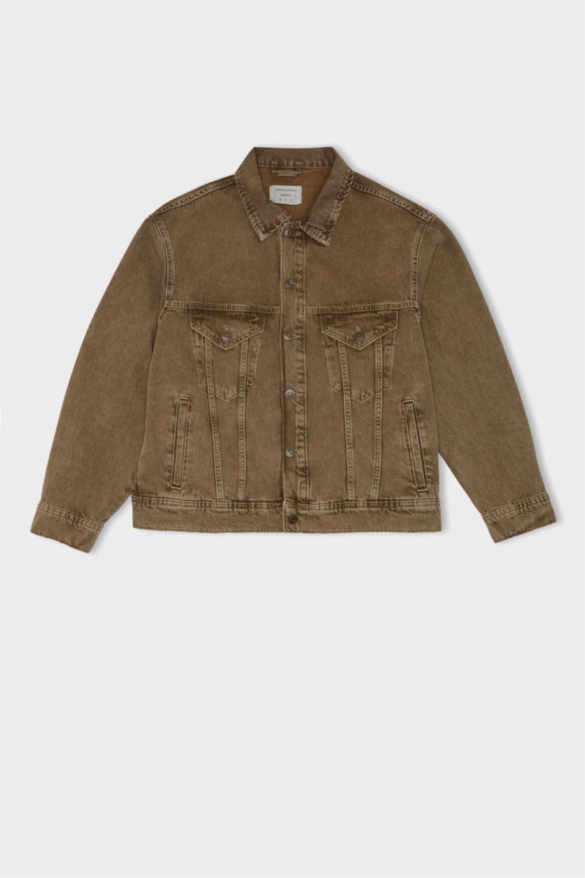 HOMME Marron Veste en Jean Oversize délavé à boutons et poches