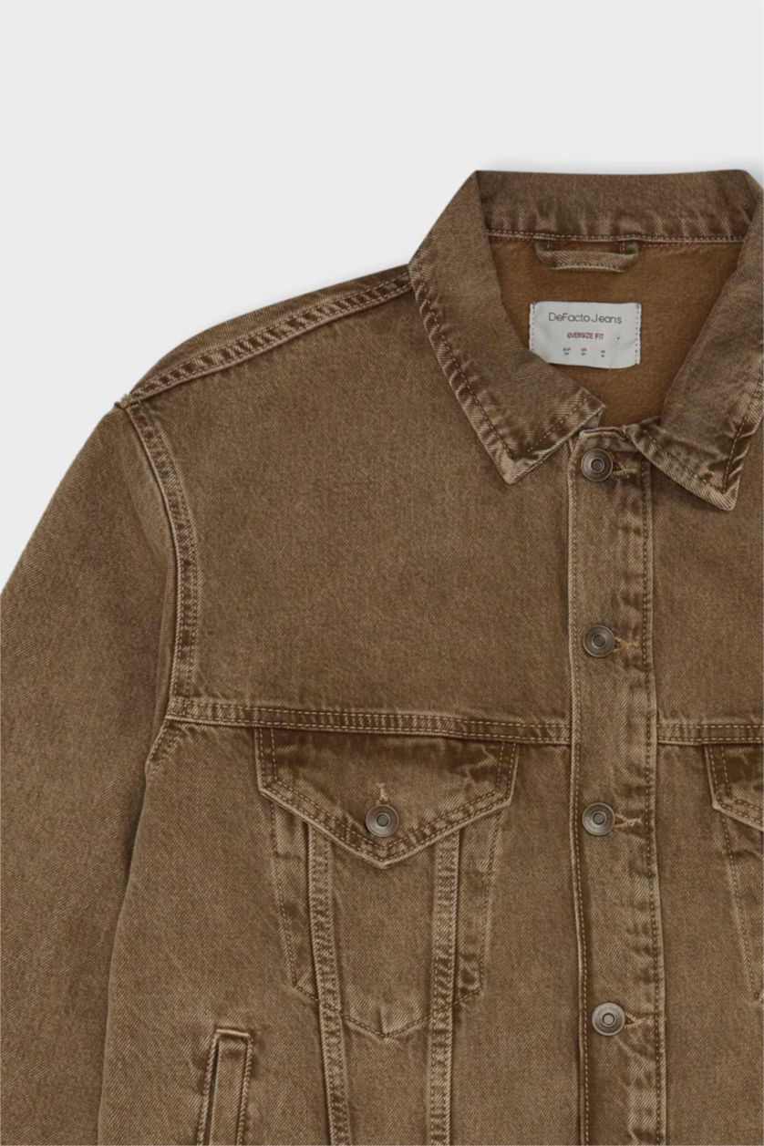 HOMME Marron Veste en Jean Oversize délavé à boutons et poches