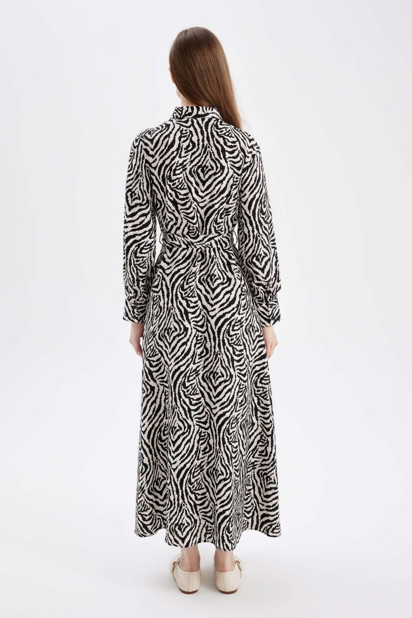 Kadın Siyah A Kesim Desenli Gömlek Yaka Kemerli Uzun Kollu Maxi Elbise