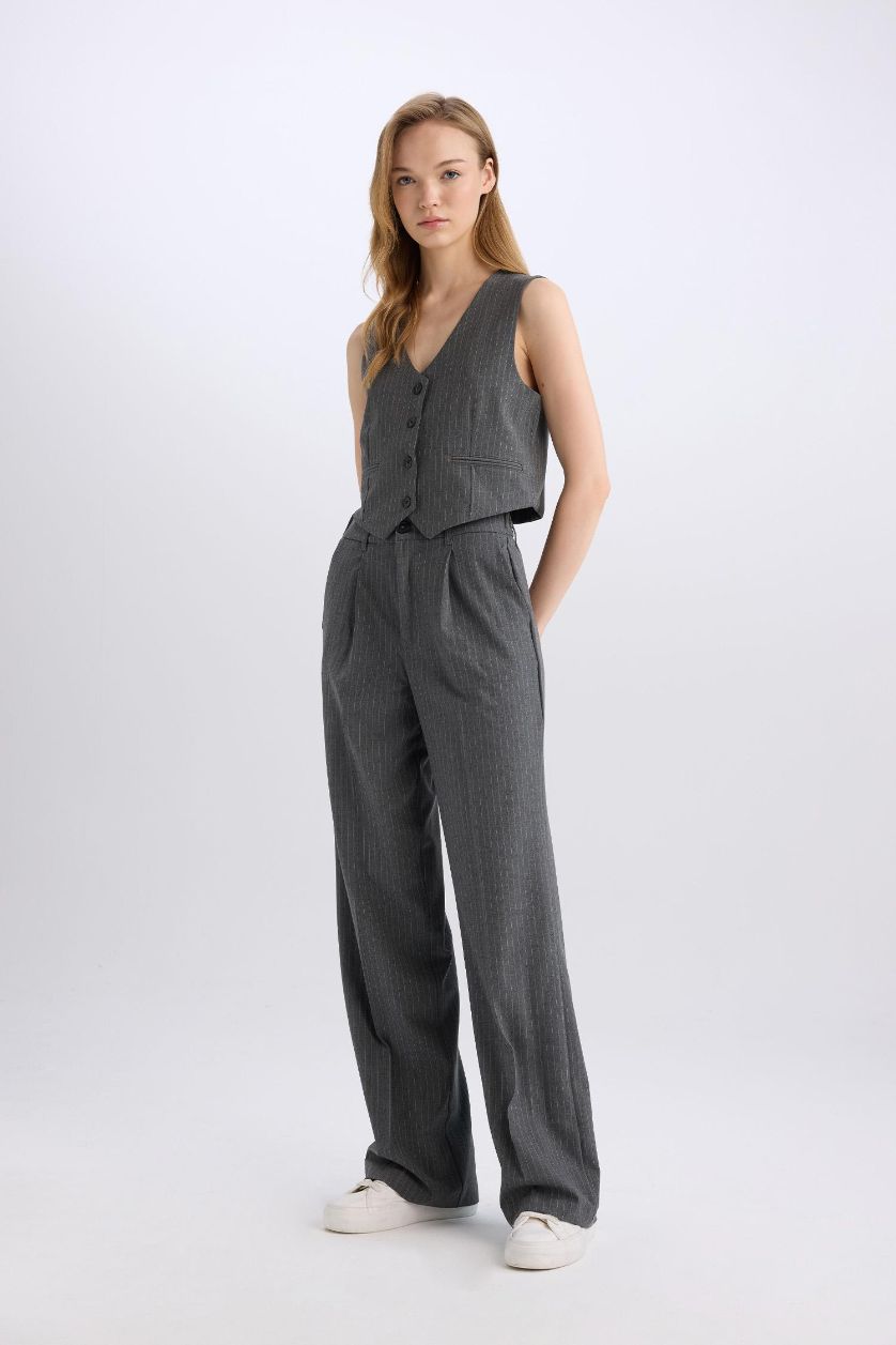 WOMAN Anthracite Melange Wide Leg Double Pocket Striped Trousers