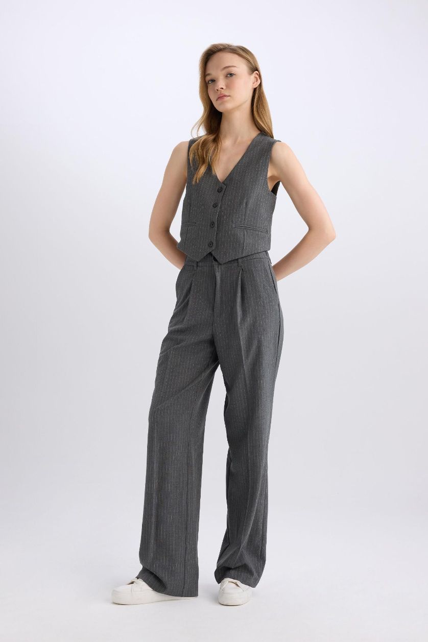 WOMAN Anthracite Melange Wide Leg Double Pocket Striped Trousers