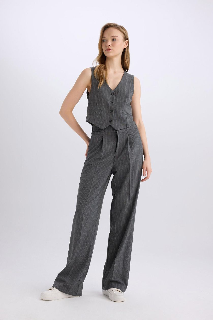 WOMAN Anthracite Melange Wide Leg Double Pocket Striped Trousers