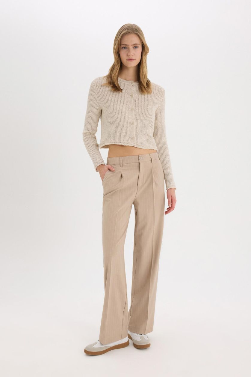 Kadın Bej Wide Leg Kumaş Palazzo Pantolon Çift Cepli Normal Bel Standart Boy