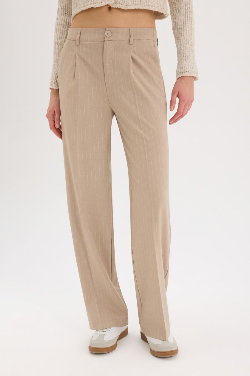 Kadın Bej Wide Leg Kumaş Palazzo Pantolon Çift Cepli Normal Bel Standart Boy