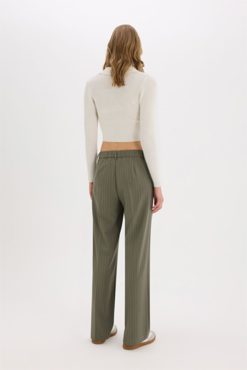 نساء كاكي فاتح بنطرون مخطط برجل واسع وايد ليج وخصر عادي