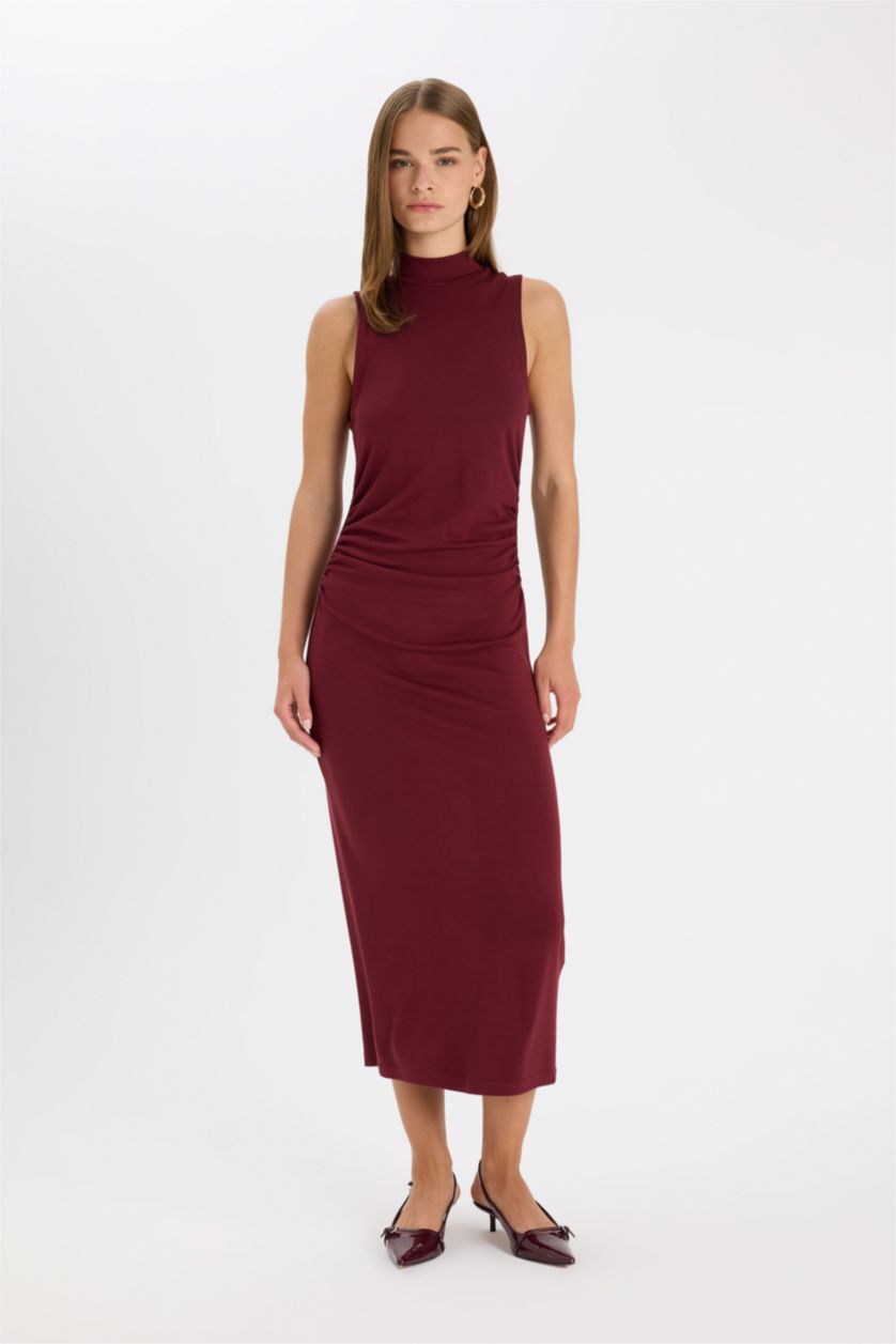 Kadın Bordo Bodycon Vücuda Oturan Basic Düz Yarım Balıkçı Yaka Kolsuz Maxi Bordo Elbise