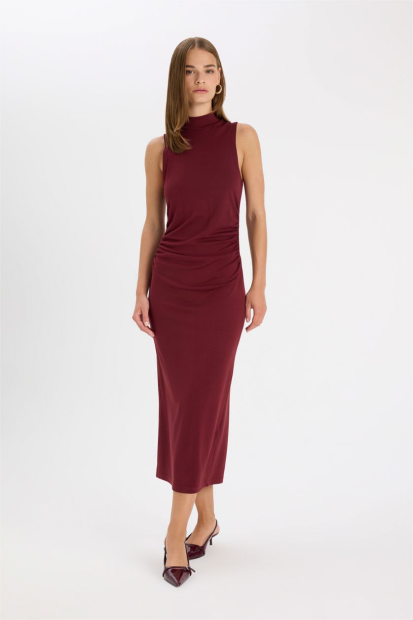 Kadın Bordo Bodycon Vücuda Oturan Basic Düz Yarım Balıkçı Yaka Kolsuz Maxi Bordo Elbise