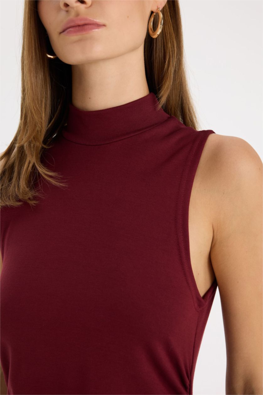 Kadın Bordo Bodycon Vücuda Oturan Basic Düz Yarım Balıkçı Yaka Kolsuz Maxi Bordo Elbise